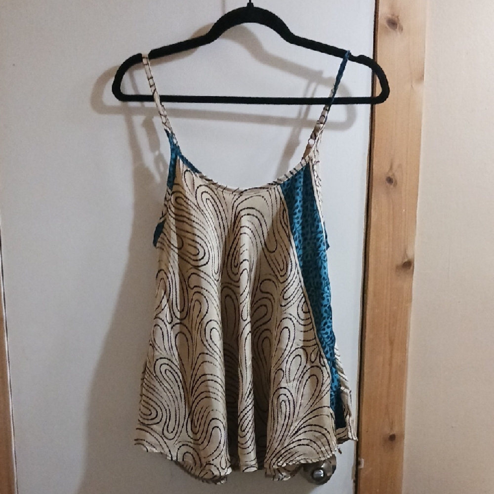 Beige and Teal Patterned Spaghetti-Strap Cami Top
